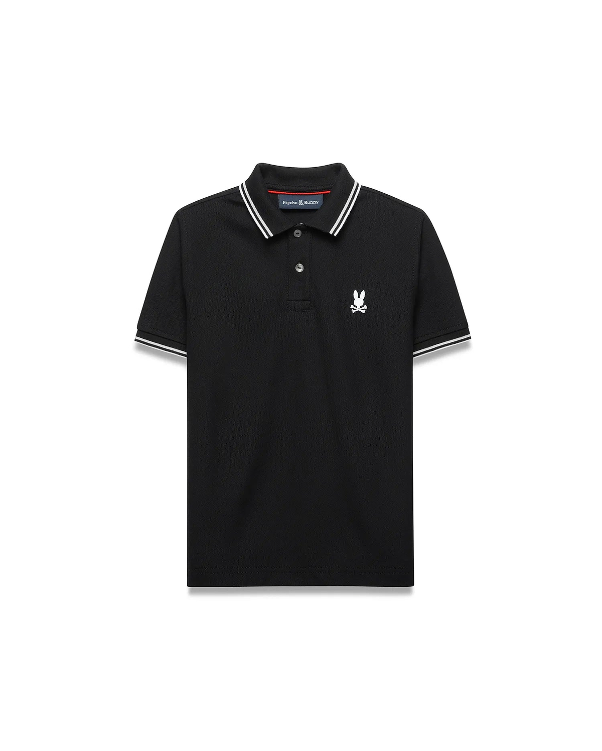 Kids Stan Pique Polo. Black classic fit pique polo with white double-striped collar and cuffs, red neck tape, and small white embroidered Psycho Bunny skull logo on left chest.