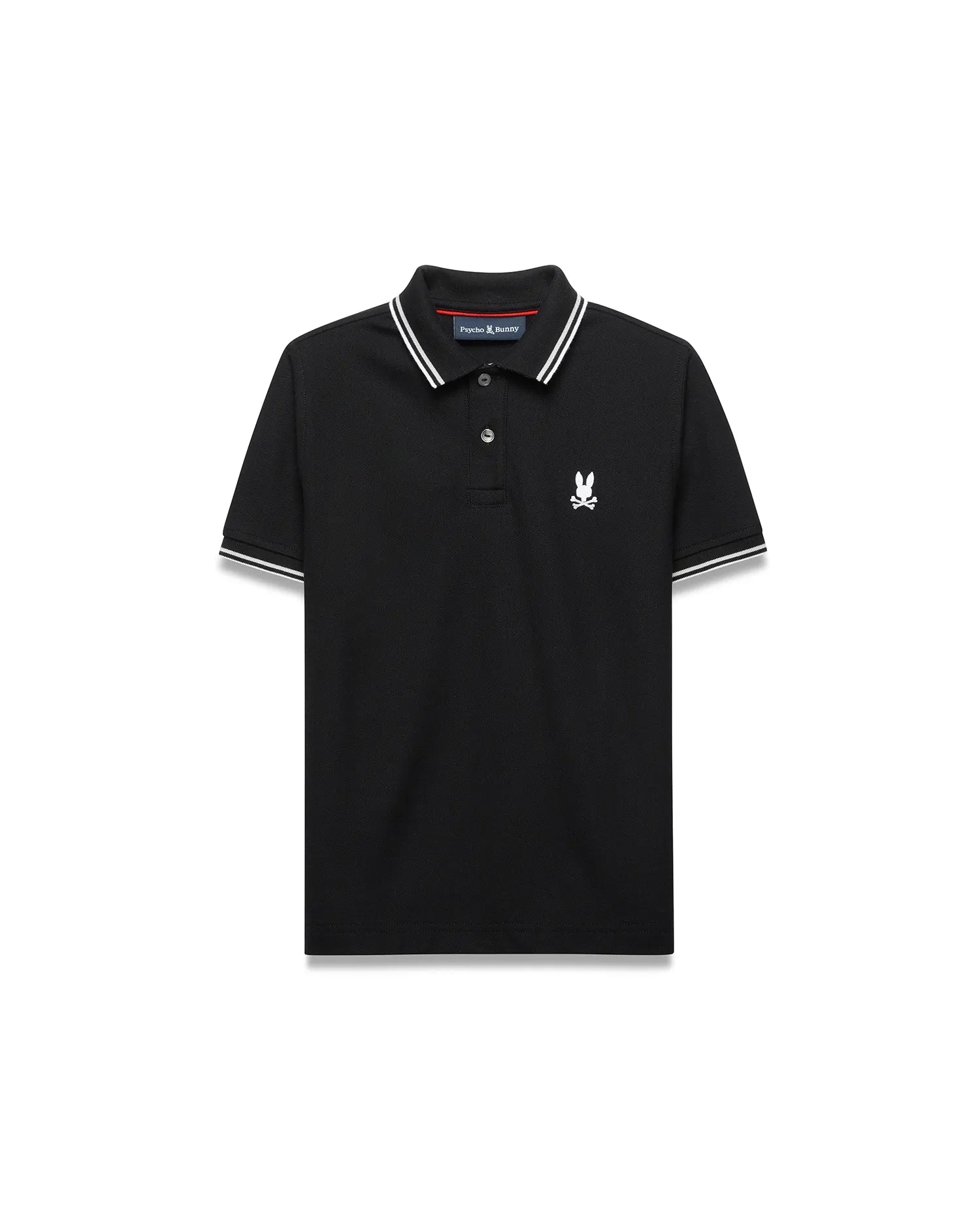 Kids Stan Pique Polo. Black classic fit pique polo with white double-striped collar and cuffs, red neck tape, and small white embroidered Psycho Bunny skull logo on left chest.