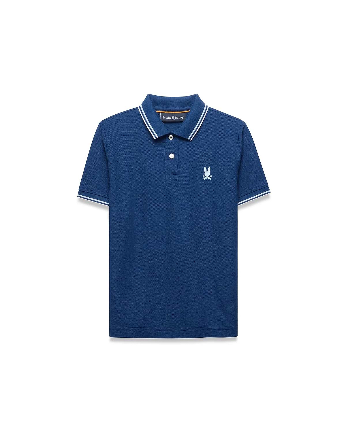 Kids Stan Pique Polo, deep blue classic fit pique knit polo with white tipped collar and cuffs, featuring a small white embroidered Psycho Bunny skull logo on the left chest and an orange inner collar stripe.