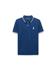 Kids Stan Pique Polo, deep blue classic fit pique knit polo with white tipped collar and cuffs, featuring a small white embroidered Psycho Bunny skull logo on the left chest and an orange inner collar stripe.