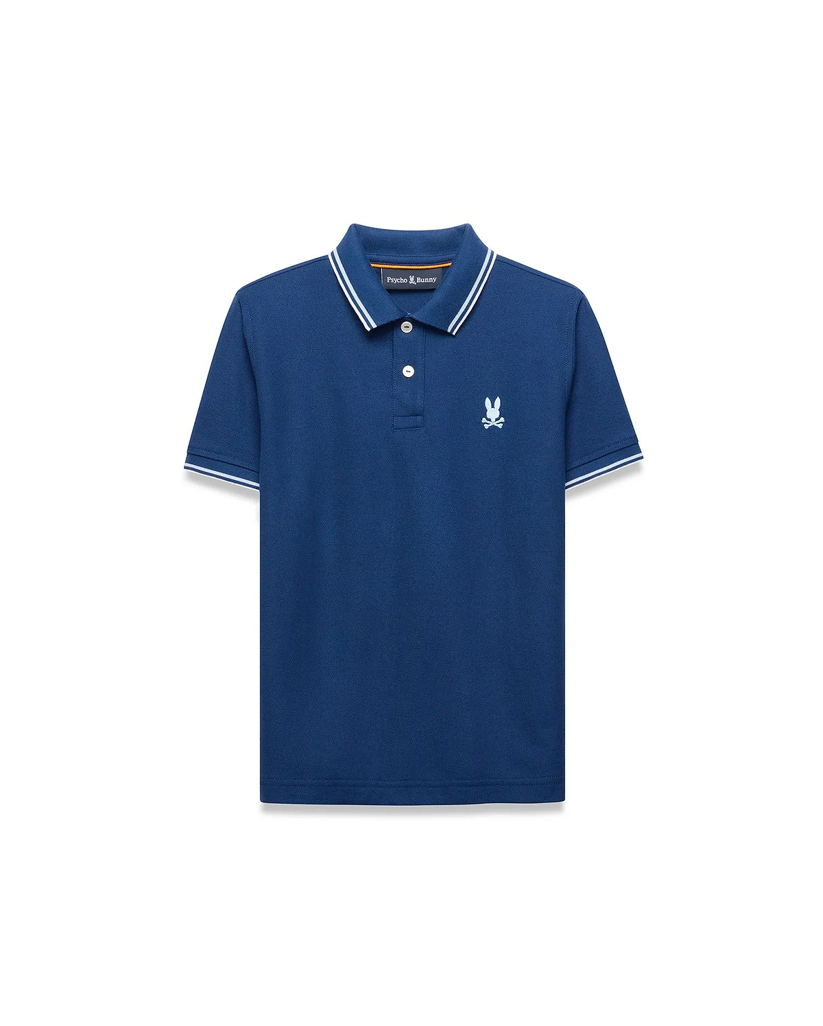 Kids Stan Pique Polo, deep blue classic fit pique knit polo with white tipped collar and cuffs, featuring a small white embroidered Psycho Bunny skull logo on the left chest and an orange inner collar stripe.