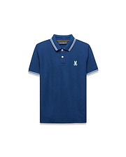 Kids Stan Pique Polo, deep blue classic fit pique knit polo with white tipped collar and cuffs, featuring a small white embroidered Psycho Bunny skull logo on the left chest and an orange inner collar stripe.