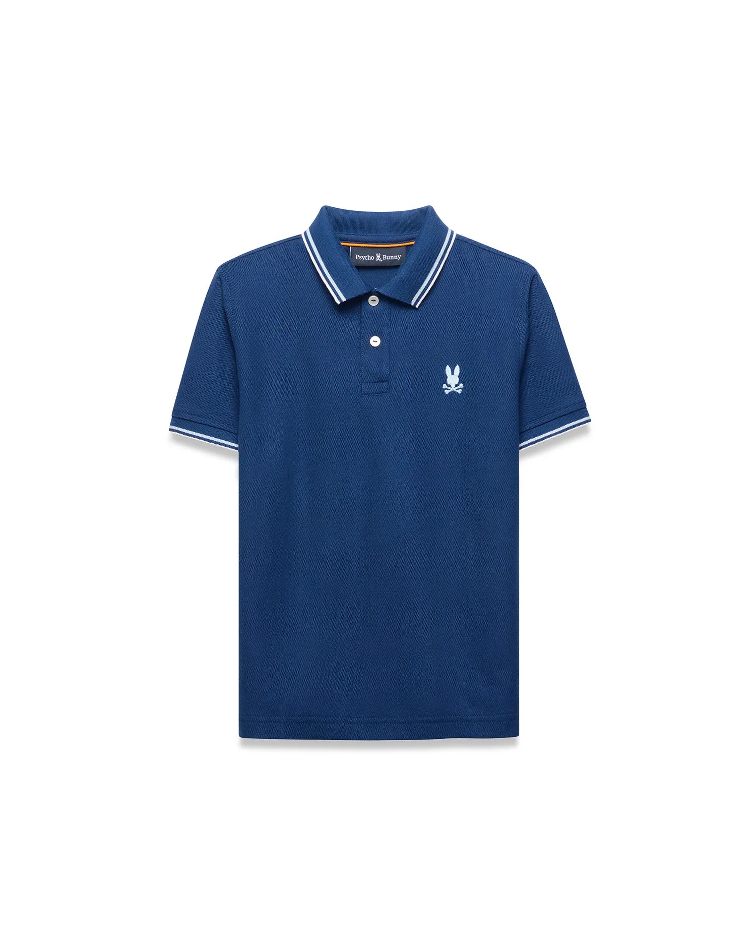 Kids Stan Pique Polo, deep blue classic fit pique knit polo with white tipped collar and cuffs, featuring a small white embroidered Psycho Bunny skull logo on the left chest and an orange inner collar stripe.