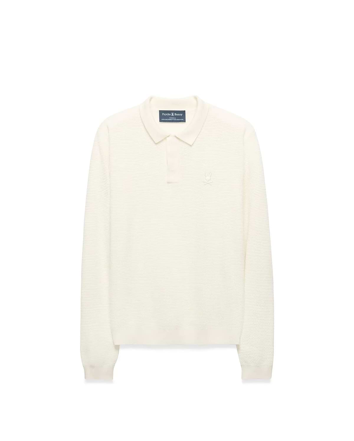 Kids' Leroy Longsleeve Knit Polo in cream, featuring a classic fit, ribbed knit texture, two-button placket, and small embroidered Psycho Bunny skull logo on the left chest. (1)