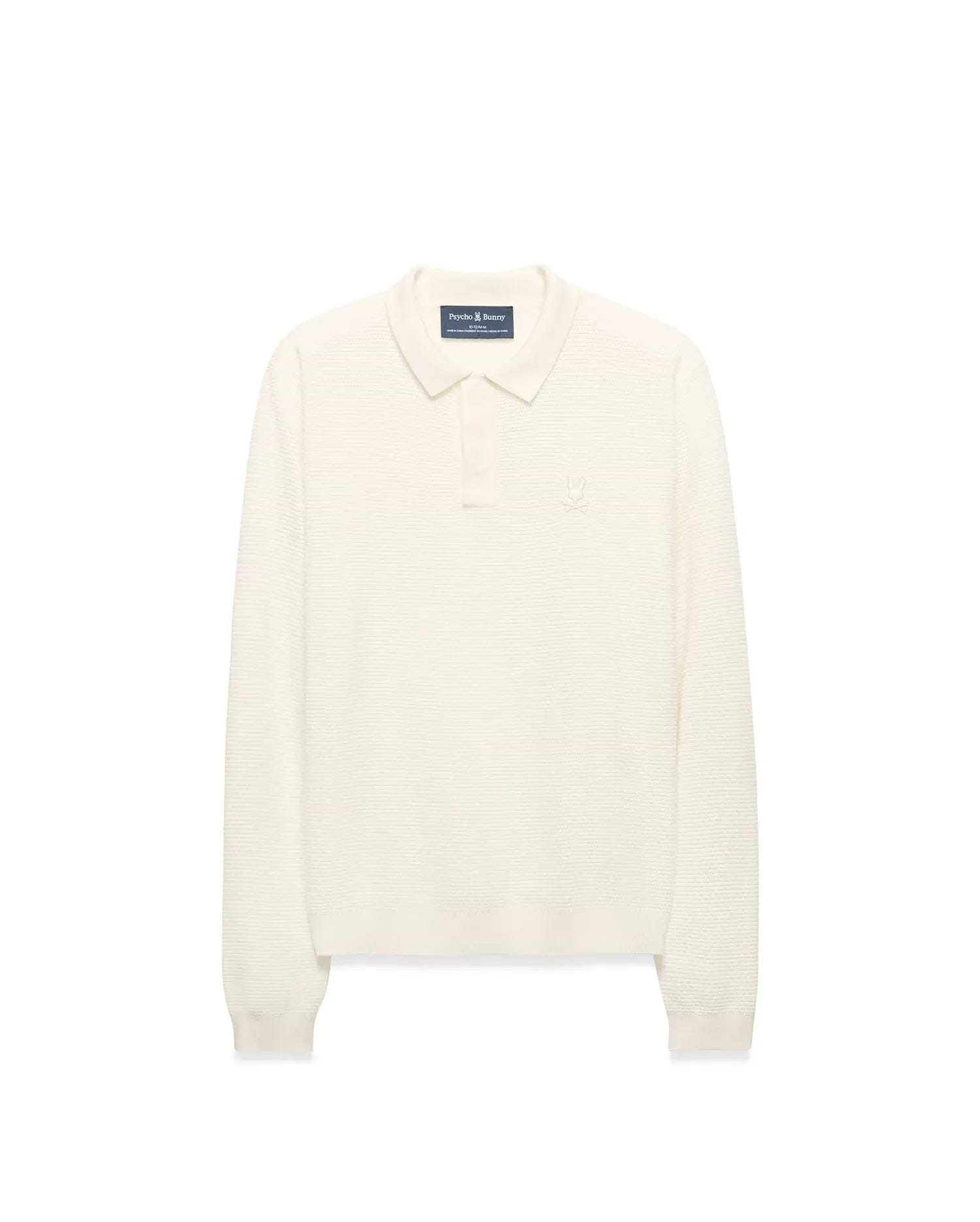 Kids' Leroy Longsleeve Knit Polo in cream, featuring a classic fit, ribbed knit texture, two-button placket, and small embroidered Psycho Bunny skull logo on the left chest. (1)