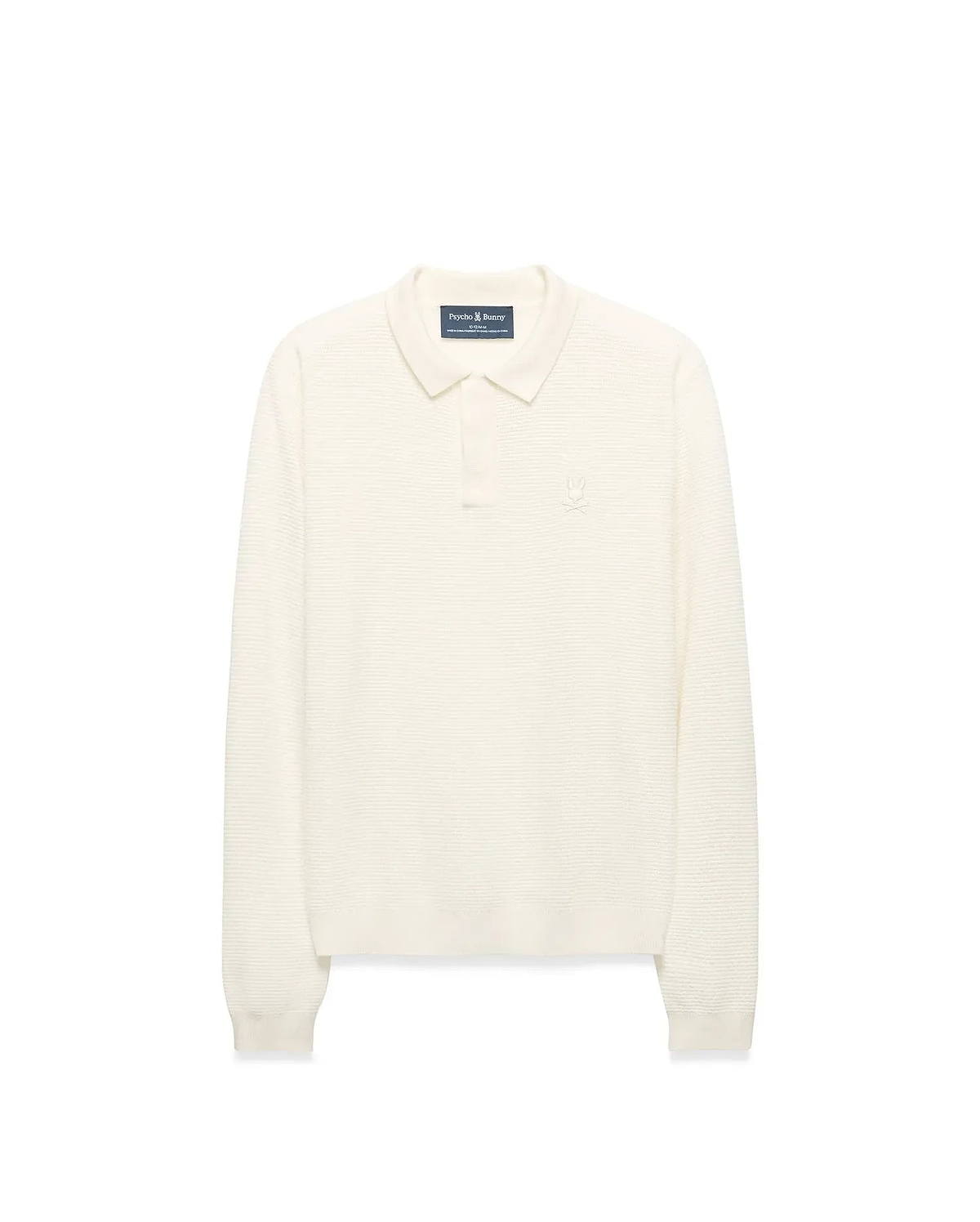 Kids' Leroy Longsleeve Knit Polo in cream, featuring a classic fit, ribbed knit texture, two-button placket, and small embroidered Psycho Bunny skull logo on the left chest. (1)