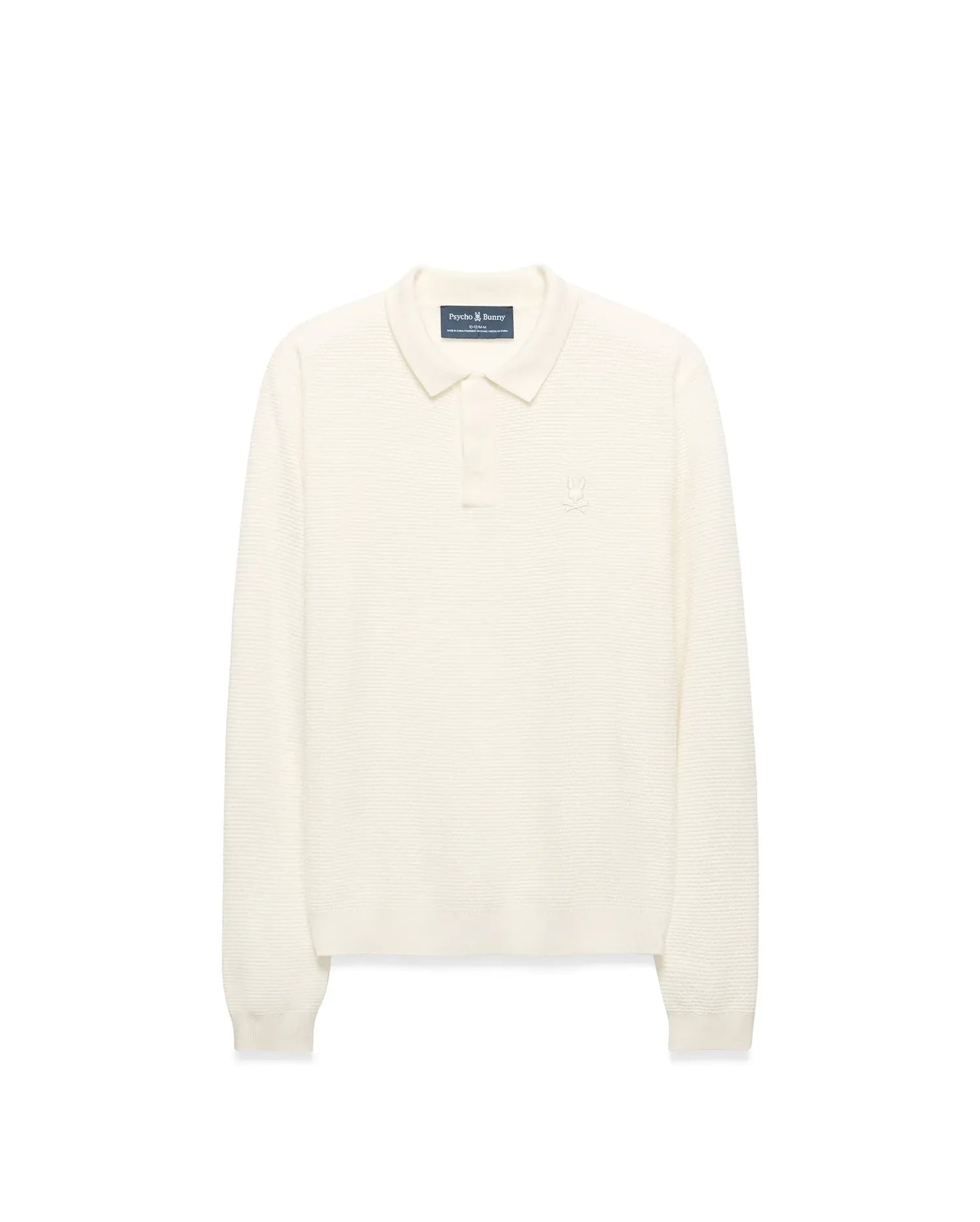 Kids' Leroy Longsleeve Knit Polo in cream, featuring a classic fit, ribbed knit texture, two-button placket, and small embroidered Psycho Bunny skull logo on the left chest. (1)