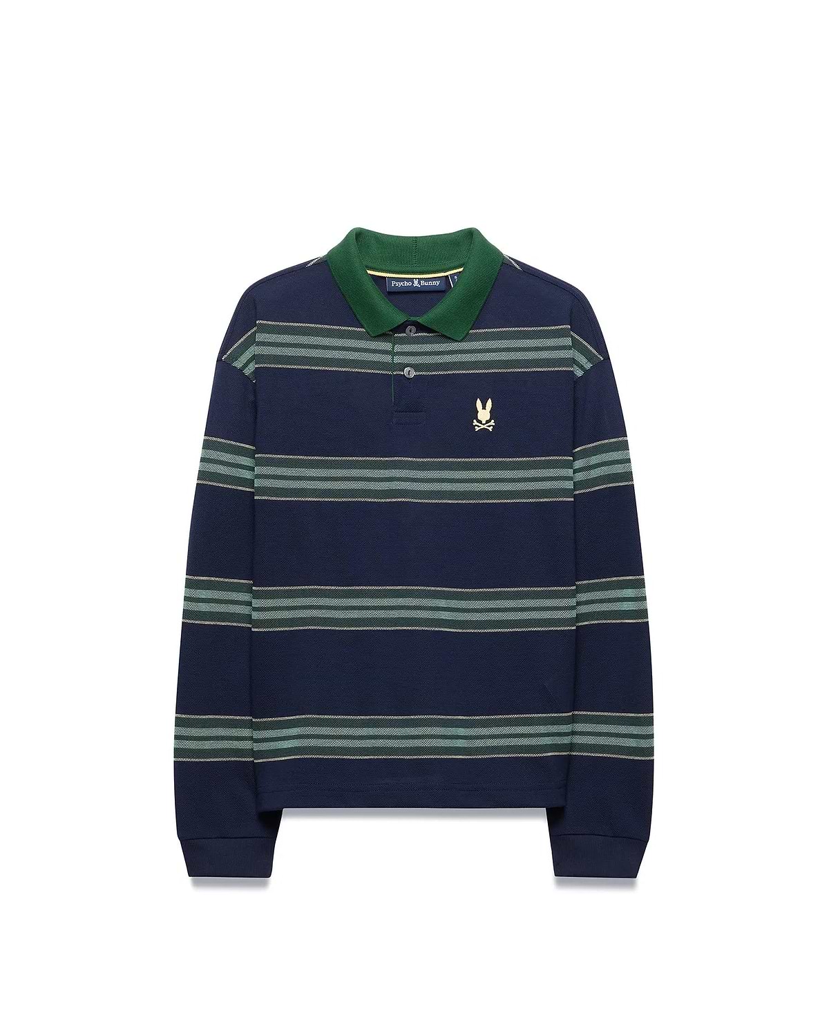 Kids Drew Striped L/S Pique Polo in navy with green collar and horizontal green and white stripes, featuring a small embroidered gold Psycho Bunny skull logo on the left chest. (5)