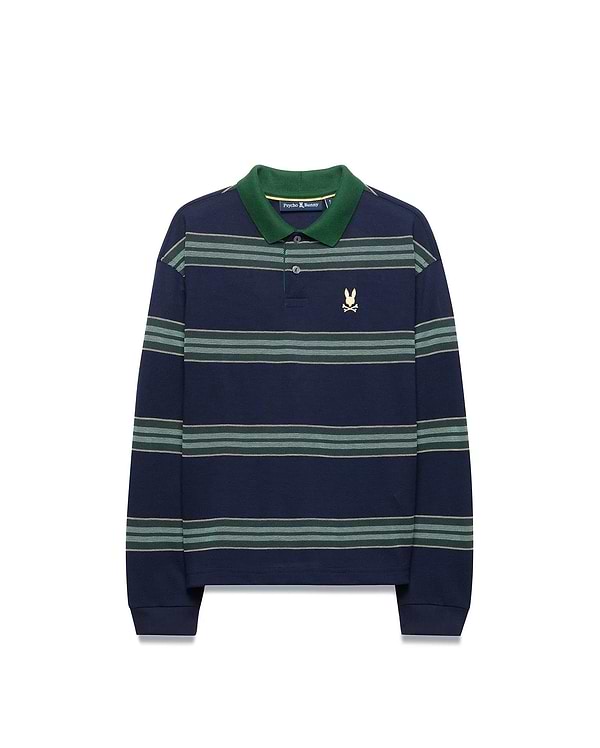 Kids Drew Striped L/S Pique Polo in navy with green collar and horizontal green and white stripes, featuring a small embroidered gold Psycho Bunny skull logo on the left chest. (5)