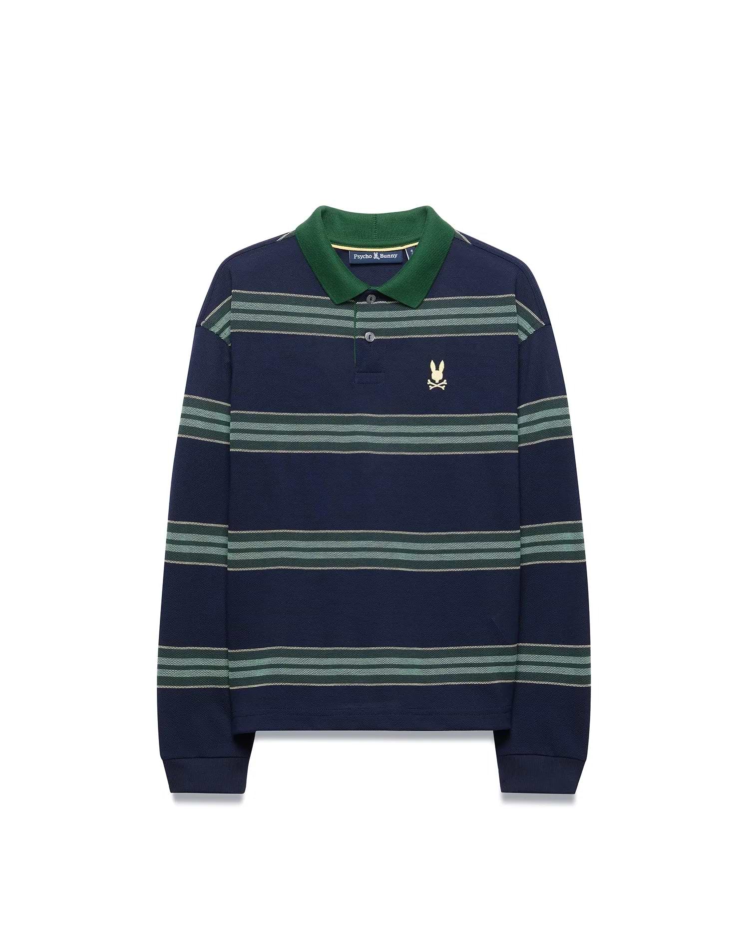 Kids Drew Striped L/S Pique Polo in navy with green collar and horizontal green and white stripes, featuring a small embroidered gold Psycho Bunny skull logo on the left chest. (5)