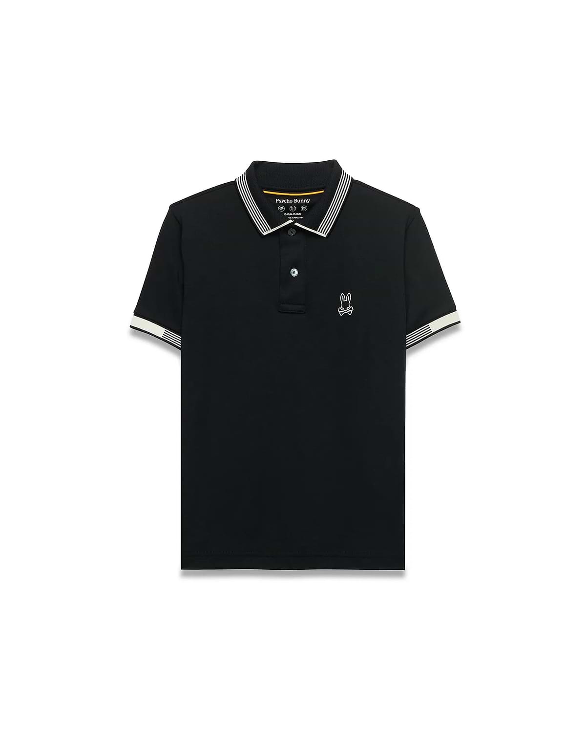 Kids Timmy Pique Polo, black classic fit pique polo with white striped collar and cuffs, featuring a small white embroidered Psycho Bunny skull logo on the left chest.