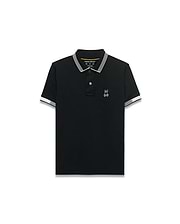 Kids Timmy Pique Polo, black classic fit pique polo with white striped collar and cuffs, featuring a small white embroidered Psycho Bunny skull logo on the left chest.