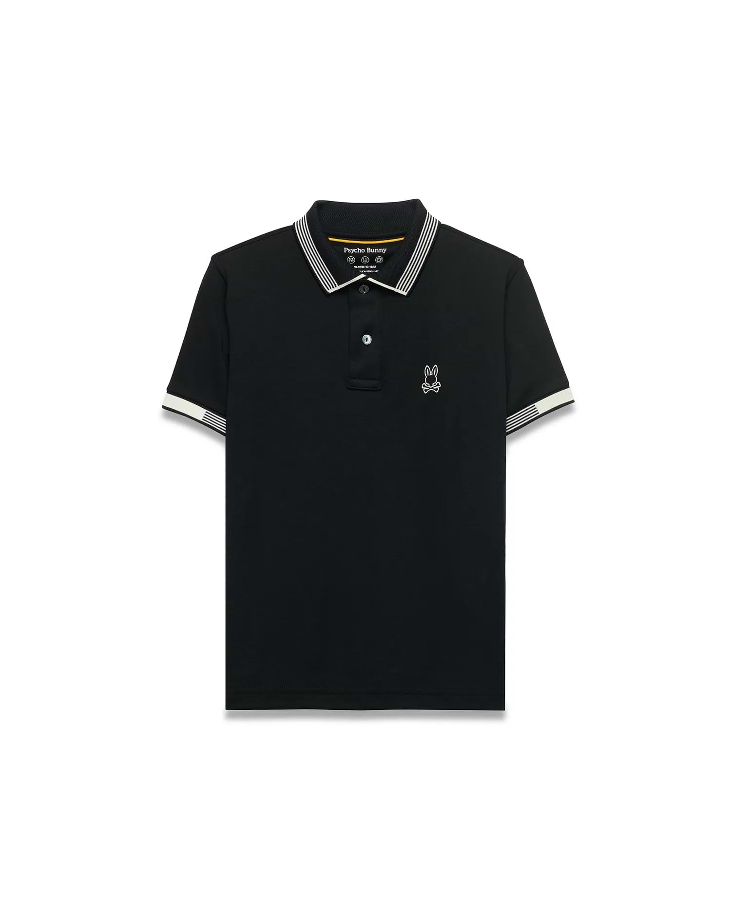 Kids Timmy Pique Polo, black classic fit pique polo with white striped collar and cuffs, featuring a small white embroidered Psycho Bunny skull logo on the left chest.