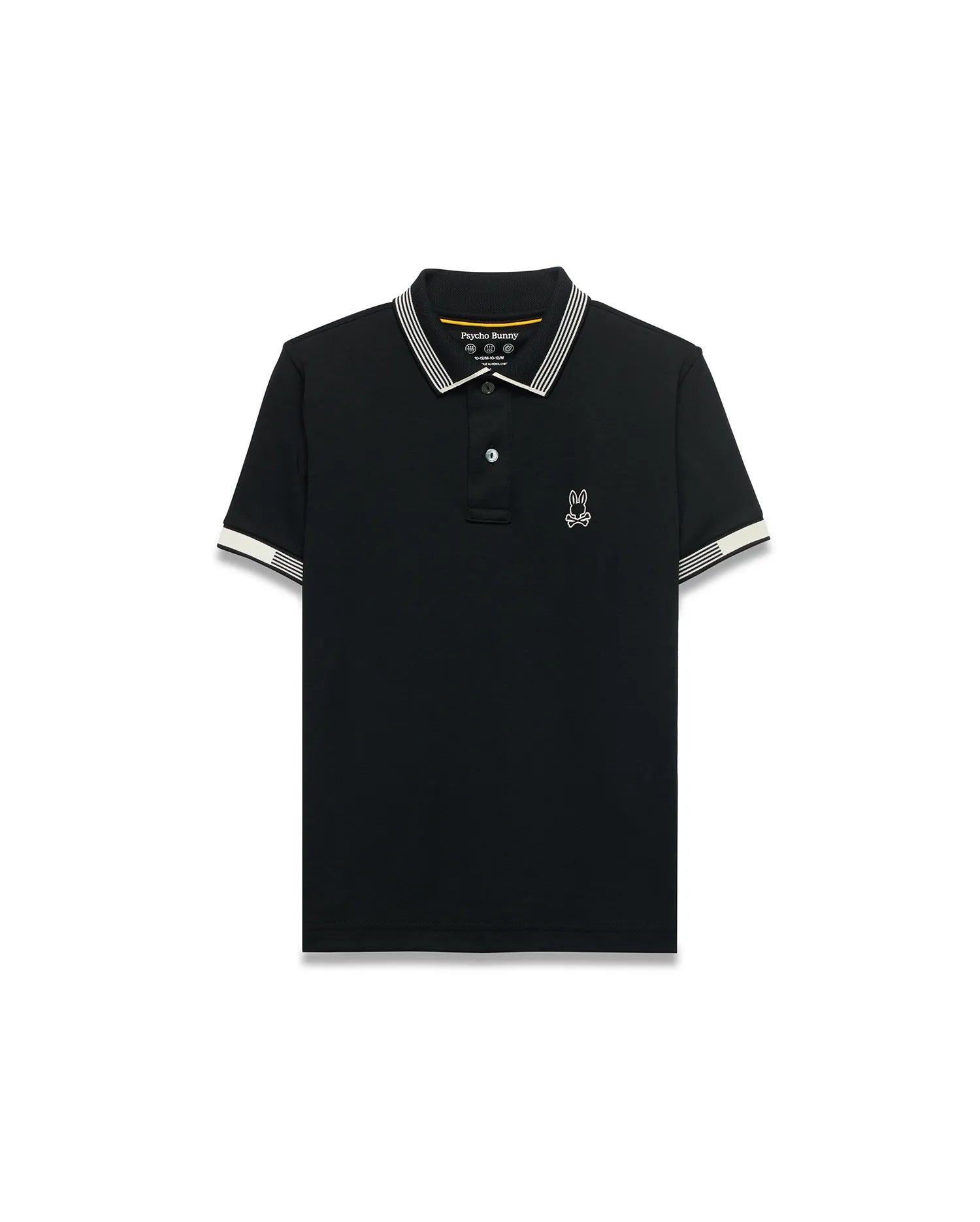 Kids Timmy Pique Polo, black classic fit pique polo with white striped collar and cuffs, featuring a small white embroidered Psycho Bunny skull logo on the left chest.