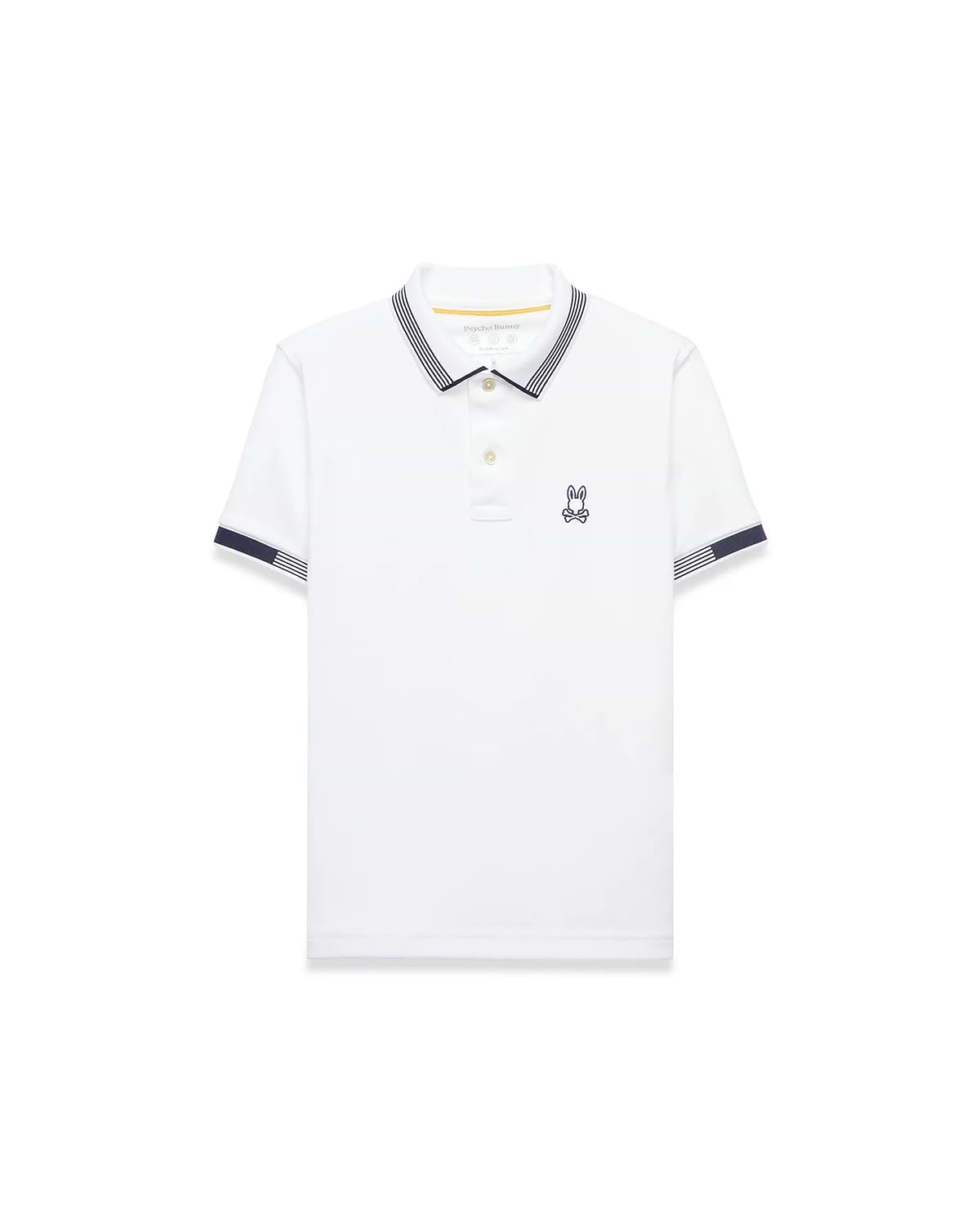 Kids Timmy Pique Polo, white classic fit pique polo with navy striped collar and sleeve cuffs, featuring a small embroidered navy Psycho Bunny skull logo on the left chest.