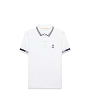 Kids Timmy Pique Polo, white classic fit pique polo with navy striped collar and sleeve cuffs, featuring a small embroidered navy Psycho Bunny skull logo on the left chest.