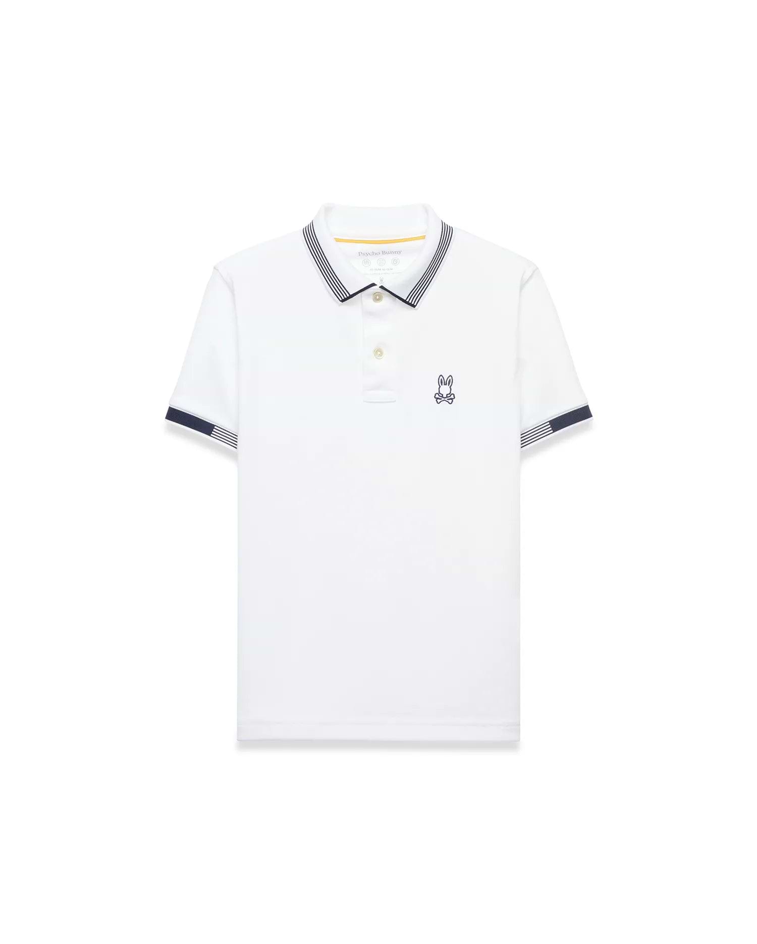 Kids Timmy Pique Polo, white classic fit pique polo with navy striped collar and sleeve cuffs, featuring a small embroidered navy Psycho Bunny skull logo on the left chest.