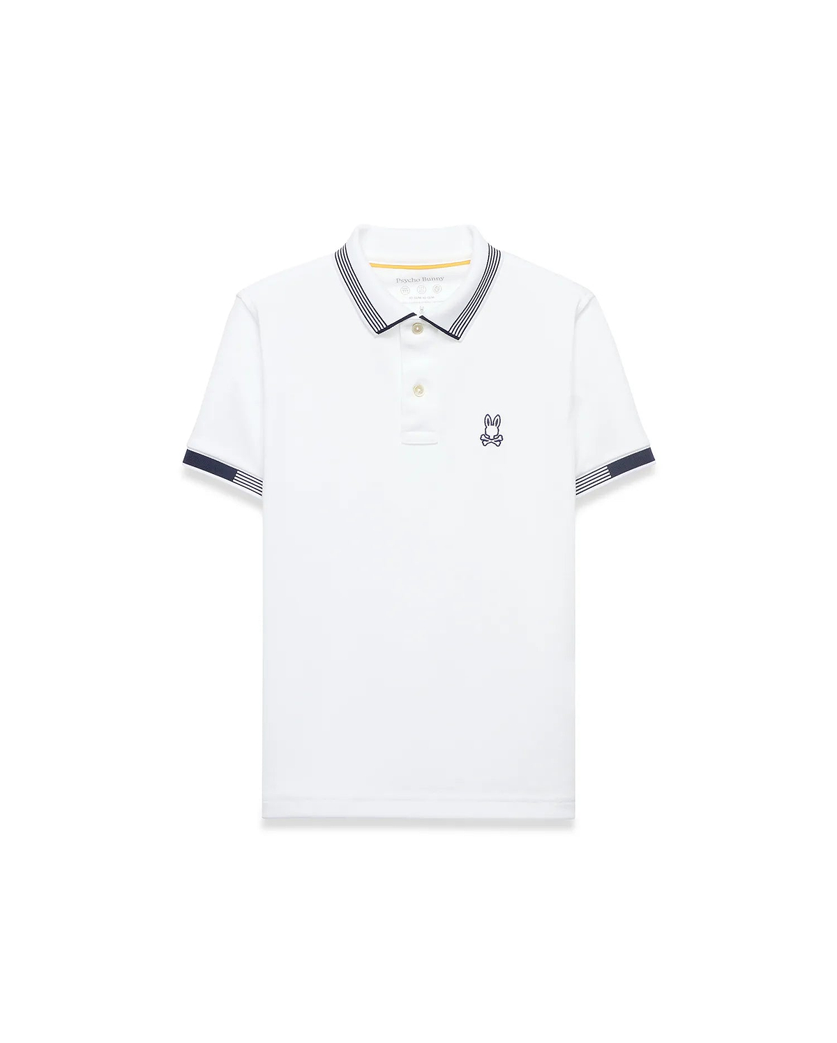 Kids Timmy Pique Polo, white classic fit pique polo with navy striped collar and sleeve cuffs, featuring a small embroidered navy Psycho Bunny skull logo on the left chest.