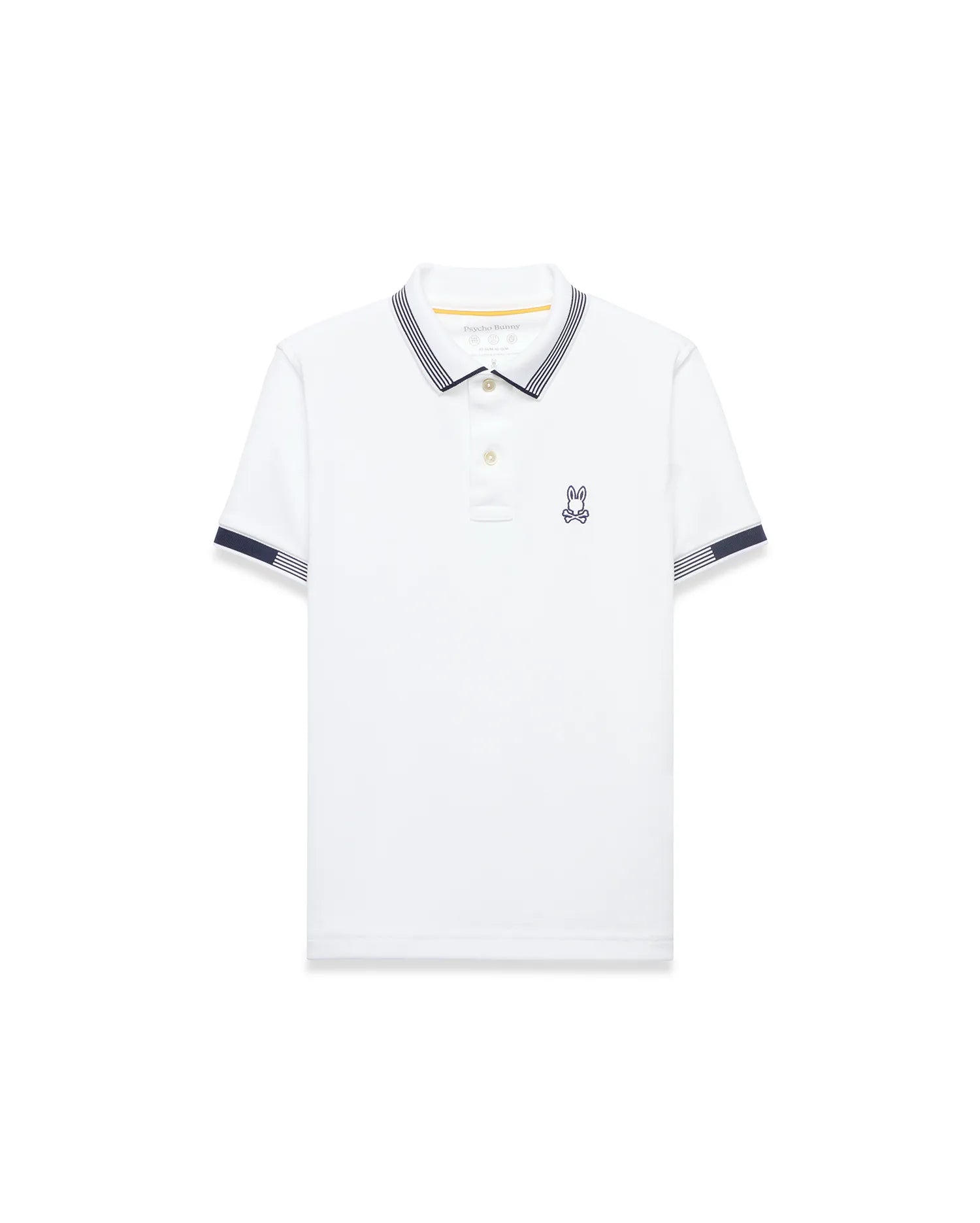 Kids Timmy Pique Polo, white classic fit pique polo with navy striped collar and sleeve cuffs, featuring a small embroidered navy Psycho Bunny skull logo on the left chest.