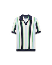 Kids Wren Stripe Knit Polo featuring cream, navy, light blue, and green vertical stripes. Classic fit knit polo with a navy V-neck collar, ribbed cuffs, hem, and an embroidered Psycho Bunny logo on the chest.