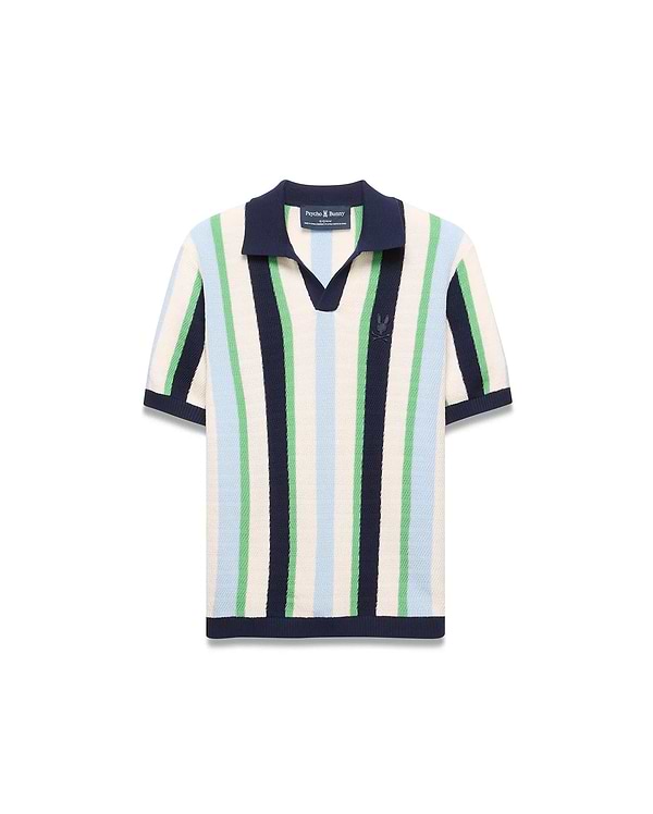 Kids Wren Stripe Knit Polo featuring cream, navy, light blue, and green vertical stripes. Classic fit knit polo with a navy V-neck collar, ribbed cuffs, hem, and an embroidered Psycho Bunny logo on the chest.