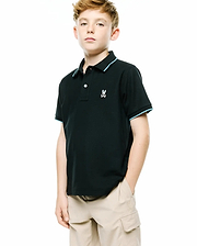Kids' Klaus Pique Polo in black, featuring a classic fit, pique texture, two-button placket, light blue tipping on the collar and sleeve cuffs, and a small embroidered white Psycho Bunny skull logo on the left chest. (1)