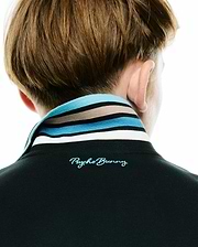 Kids' Klaus Pique Polo in black with a classic fit, featuring a striped collar in light blue, dark blue, tan, and white, and an embroidered Psycho Bunny script logo in light blue on the back neck. (3)