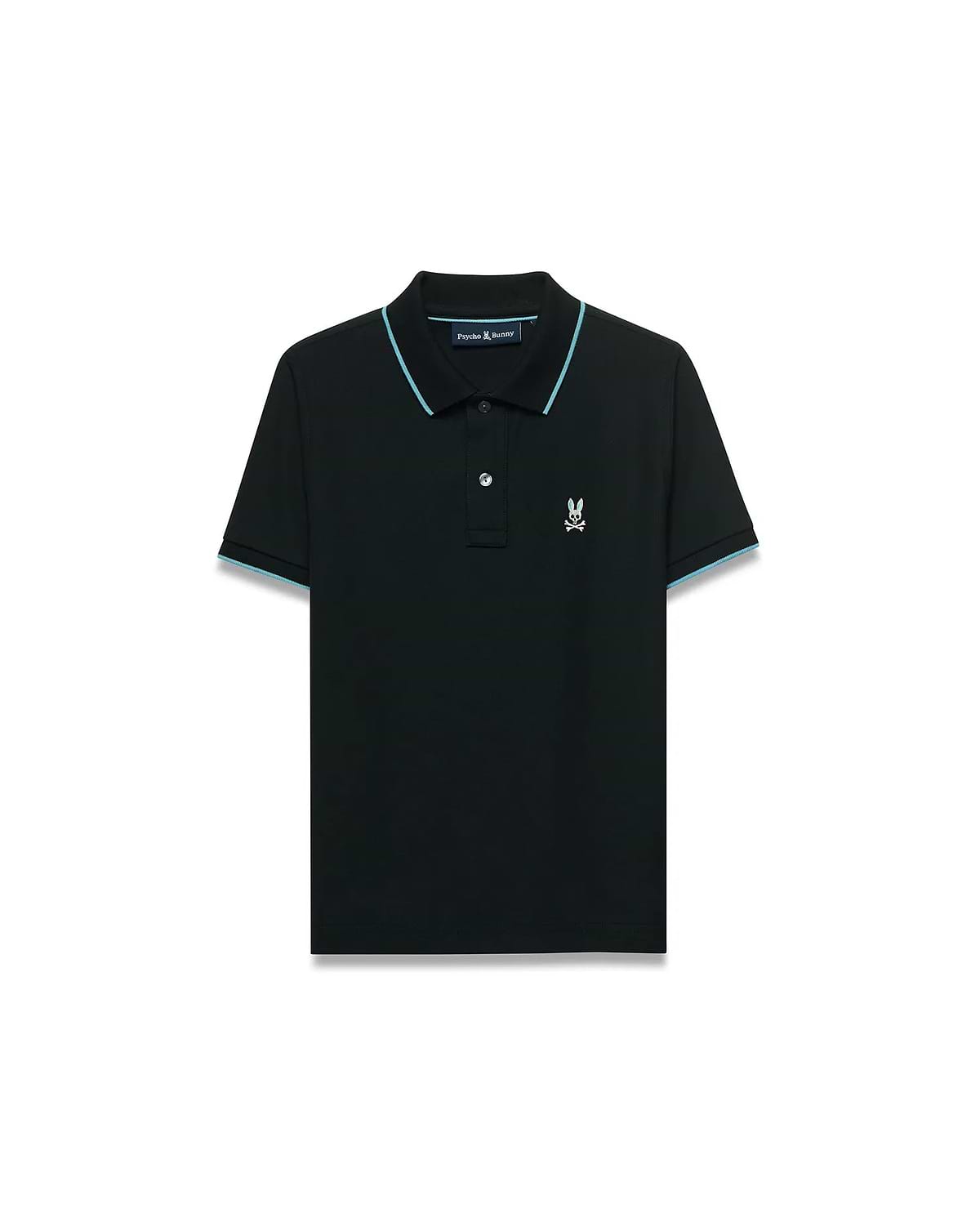Kids' Klaus Pique Polo, black, classic fit, featuring light blue piping on ribbed collar and cuffs, with a small embroidered Psycho Bunny skull logo on the left chest. (5)