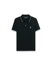 Kids' Klaus Pique Polo, black, classic fit, featuring light blue piping on ribbed collar and cuffs, with a small embroidered Psycho Bunny skull logo on the left chest. (5)