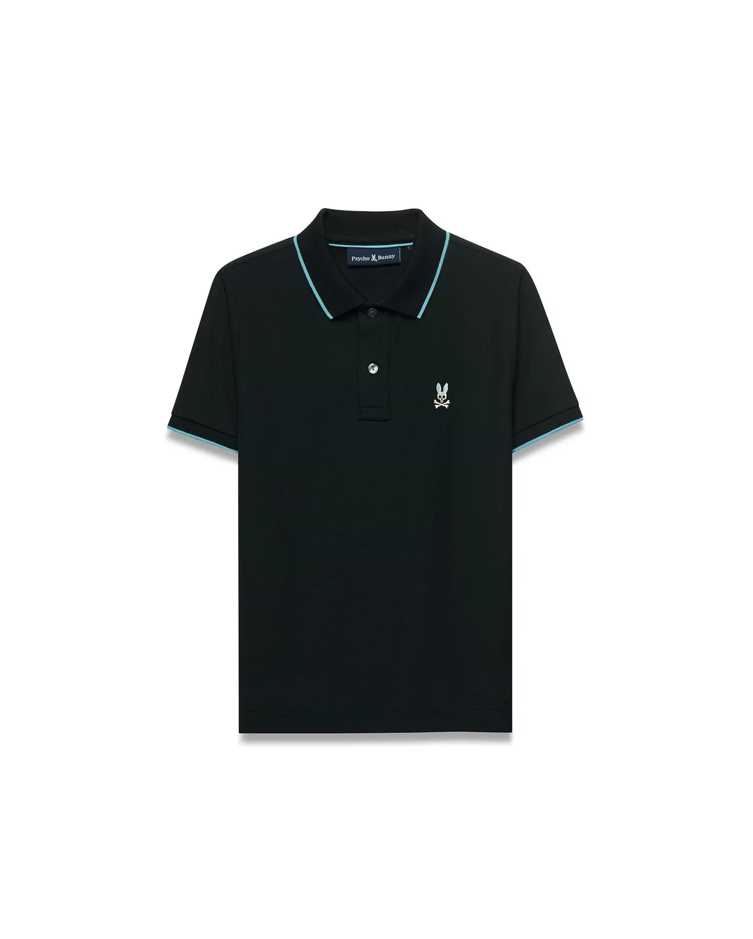 Kids' Klaus Pique Polo, black, classic fit, featuring light blue piping on ribbed collar and cuffs, with a small embroidered Psycho Bunny skull logo on the left chest. (5)