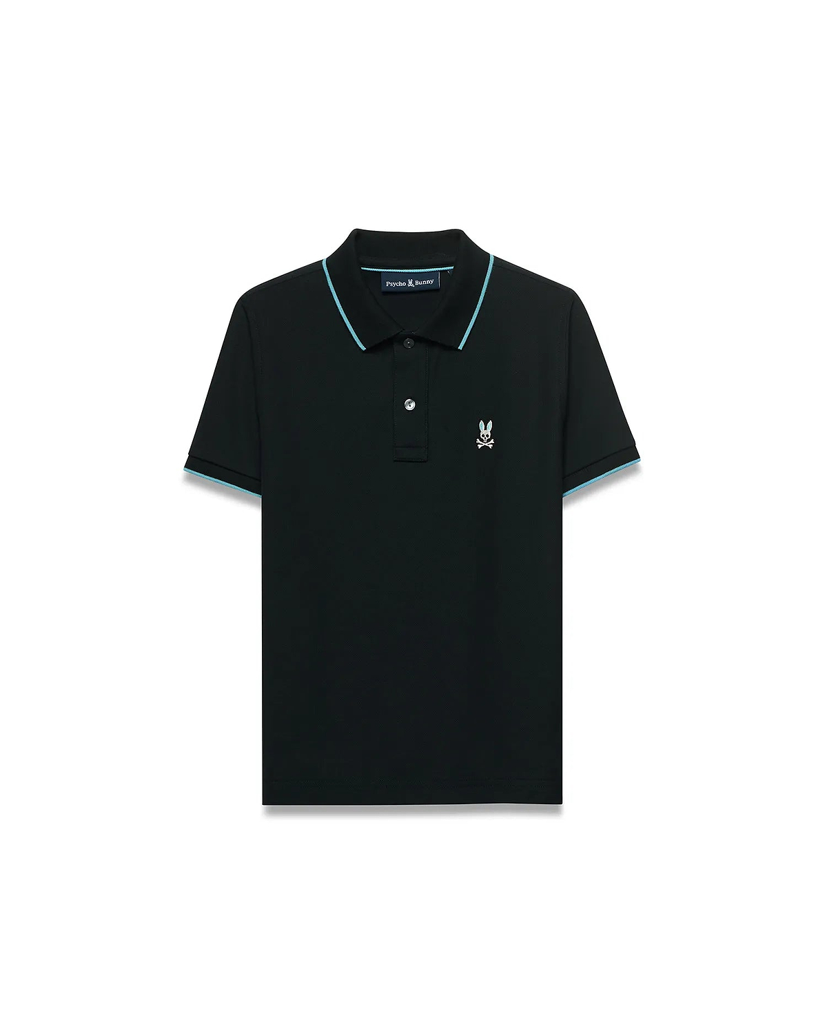 Kids' Klaus Pique Polo, black, classic fit, featuring light blue piping on ribbed collar and cuffs, with a small embroidered Psycho Bunny skull logo on the left chest. (5)