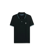 Kids' Klaus Pique Polo, black, classic fit, featuring light blue piping on ribbed collar and cuffs, with a small embroidered Psycho Bunny skull logo on the left chest. (5)