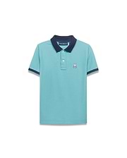 Kids' Klaus Pique Polo in aqua with navy collar and sleeve cuffs, featuring a classic fit and small embroidered white Psycho Bunny skull logo on the left chest. (5)