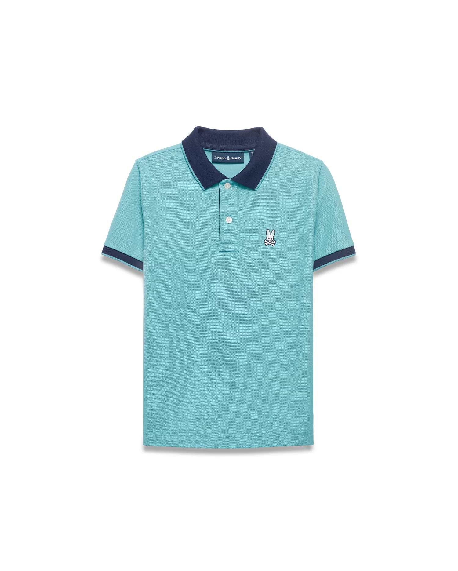 Kids' Klaus Pique Polo in aqua with navy collar and sleeve cuffs, featuring a classic fit and small embroidered white Psycho Bunny skull logo on the left chest. (5)