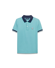 Kids' Klaus Pique Polo in aqua with navy collar and sleeve cuffs, featuring a classic fit and small embroidered white Psycho Bunny skull logo on the left chest. (5)