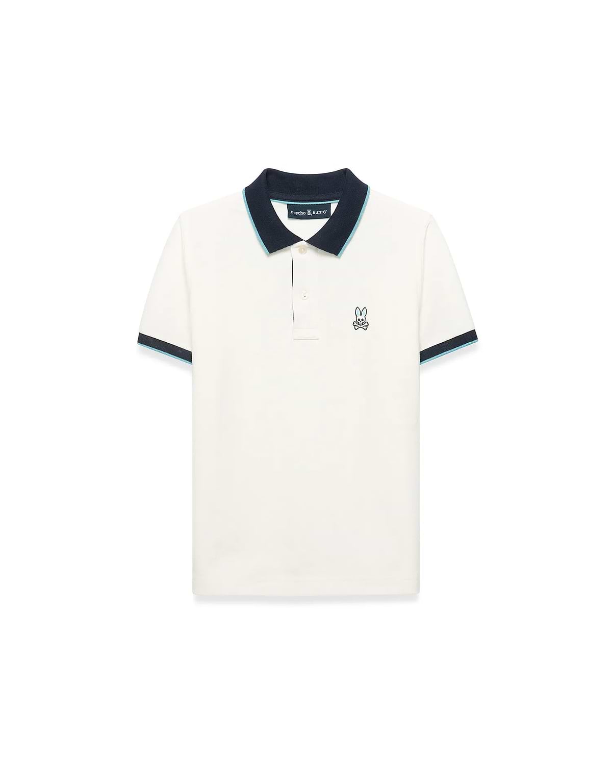 Kids' Klaus Pique Polo in cream, a classic fit pique knit shirt with a navy collar and cuffs accented by light blue stripes, featuring a small embroidered Psycho Bunny skull logo on the left chest. (5)