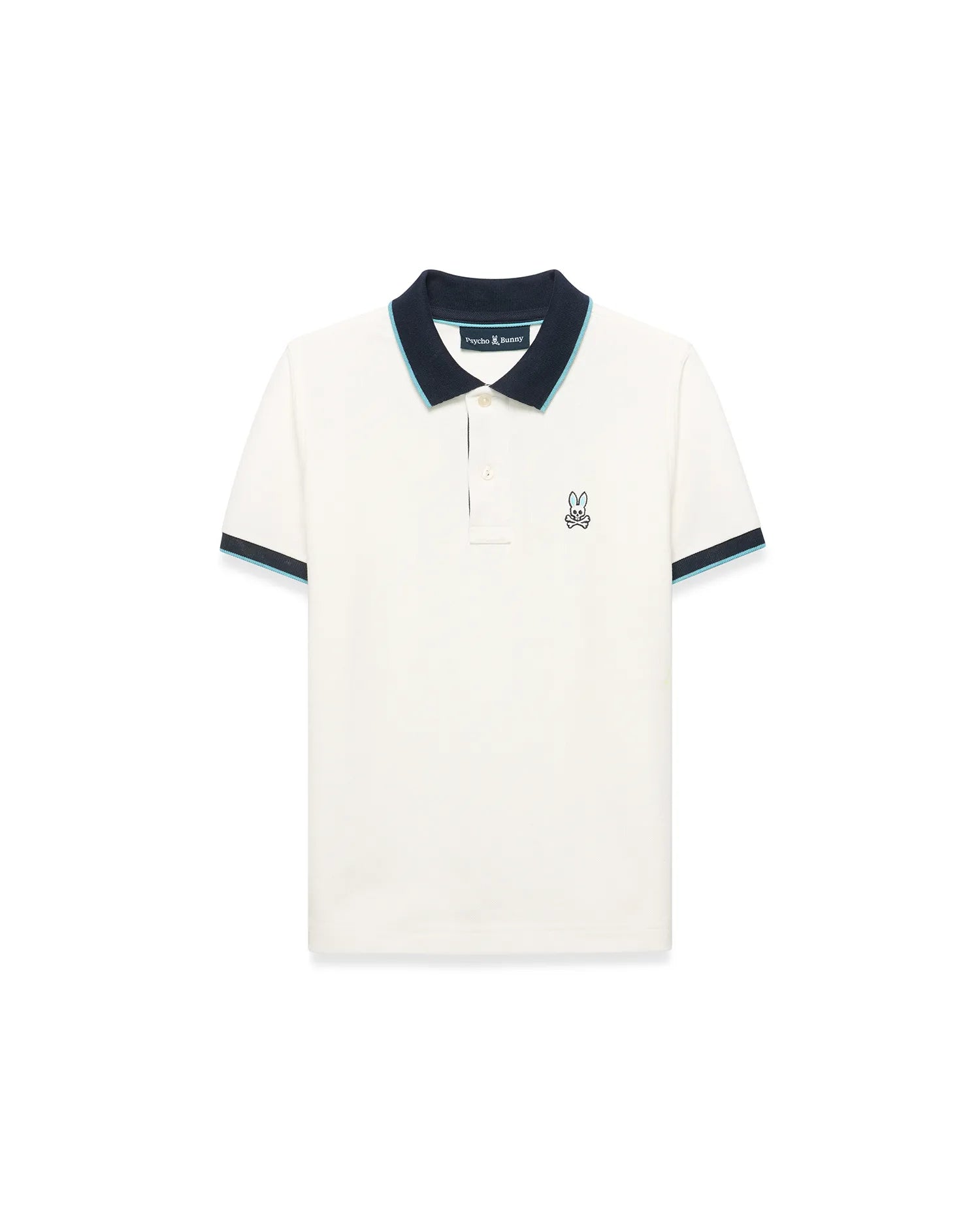 Kids' Klaus Pique Polo in cream, a classic fit pique knit shirt with a navy collar and cuffs accented by light blue stripes, featuring a small embroidered Psycho Bunny skull logo on the left chest. (5)