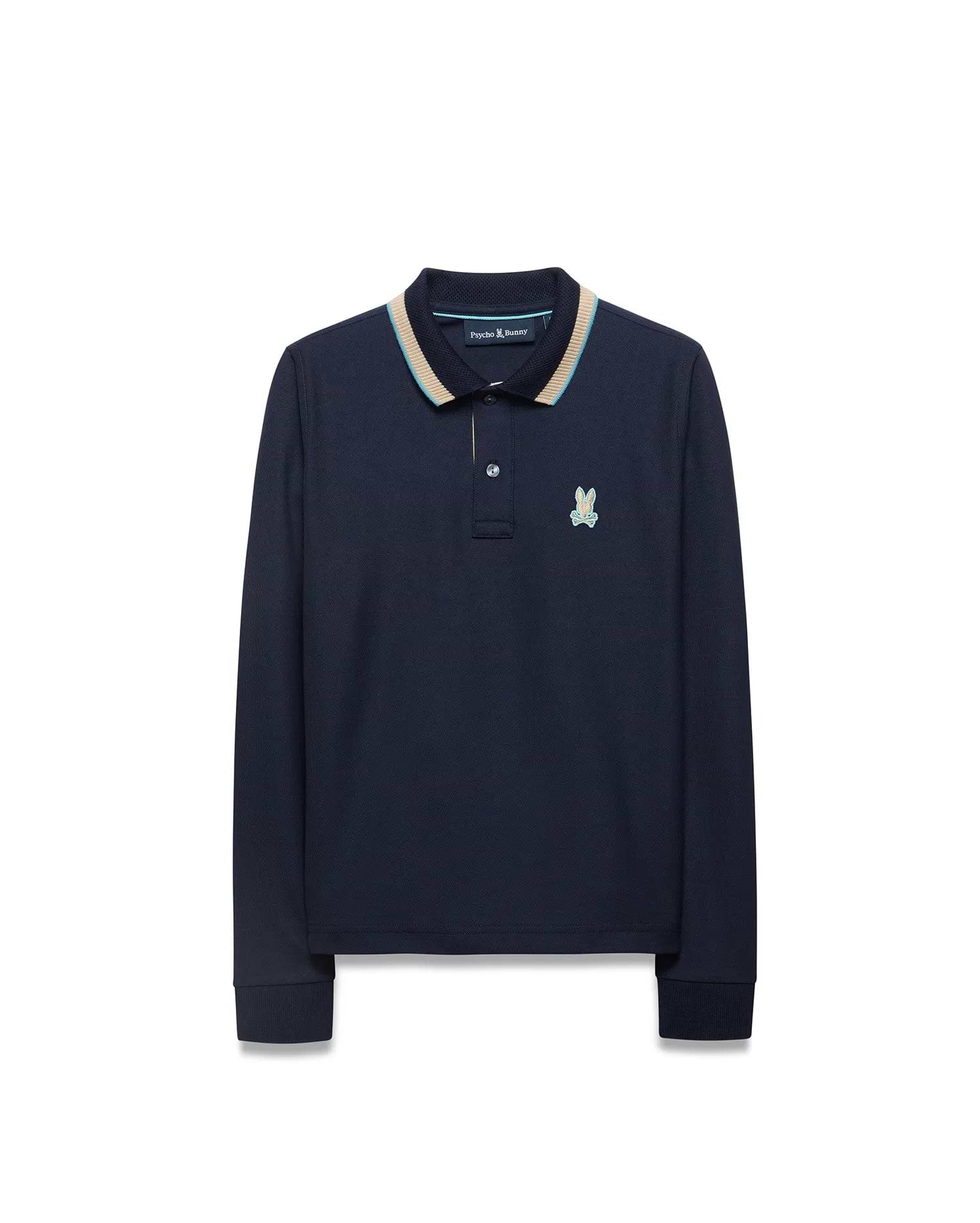 Kids' Grover Pique Longsleeve Polo in navy blue, featuring a classic fit, textured pique fabric, a striped collar with beige and light blue accents, and a small embroidered Psycho Bunny skull logo on the left chest. (5)