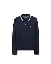 Kids' Grover Pique Longsleeve Polo in navy blue, featuring a classic fit, textured pique fabric, a striped collar with beige and light blue accents, and a small embroidered Psycho Bunny skull logo on the left chest. (5)