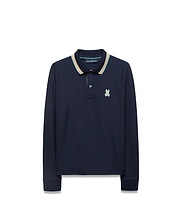 Kids' Grover Pique Longsleeve Polo in navy blue, featuring a classic fit, textured pique fabric, a striped collar with beige and light blue accents, and a small embroidered Psycho Bunny skull logo on the left chest. (5)