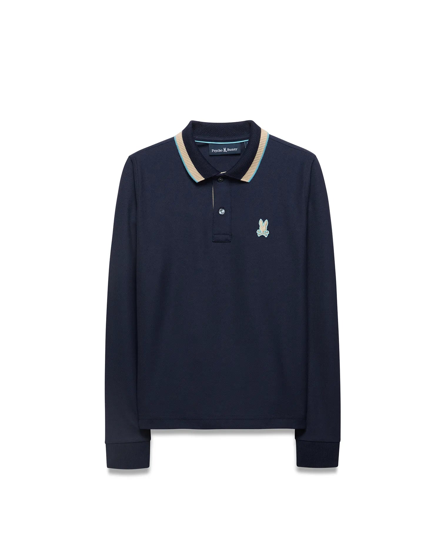 Kids' Grover Pique Longsleeve Polo in navy blue, featuring a classic fit, textured pique fabric, a striped collar with beige and light blue accents, and a small embroidered Psycho Bunny skull logo on the left chest. (5)