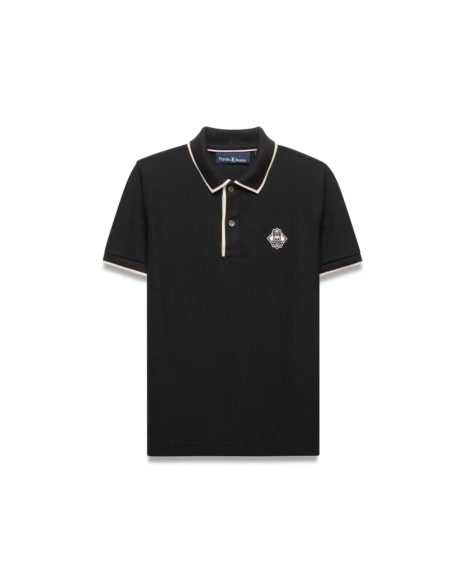 Kids Robin Pique Polo, black classic fit pique with cream piping on collar and sleeves, featuring an embroidered Psycho Bunny skull logo in a diamond on the left chest.