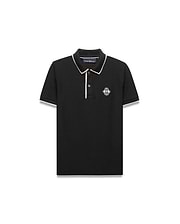 Kids Robin Pique Polo, black classic fit pique with cream piping on collar and sleeves, featuring an embroidered Psycho Bunny skull logo in a diamond on the left chest.