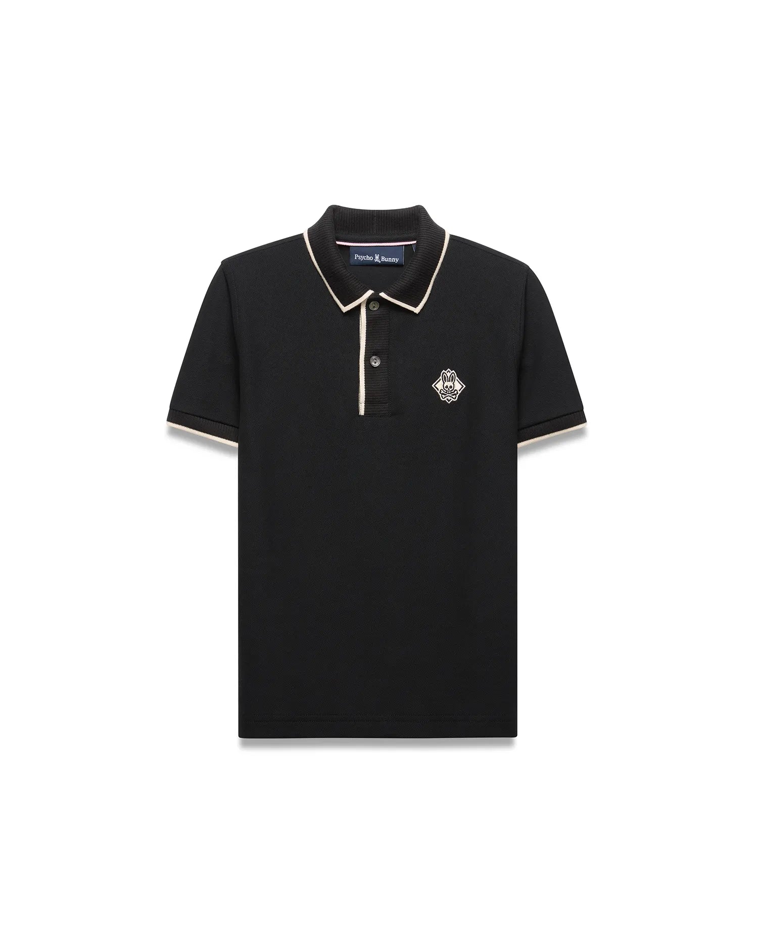 Kids Robin Pique Polo, black classic fit pique with cream piping on collar and sleeves, featuring an embroidered Psycho Bunny skull logo in a diamond on the left chest.
