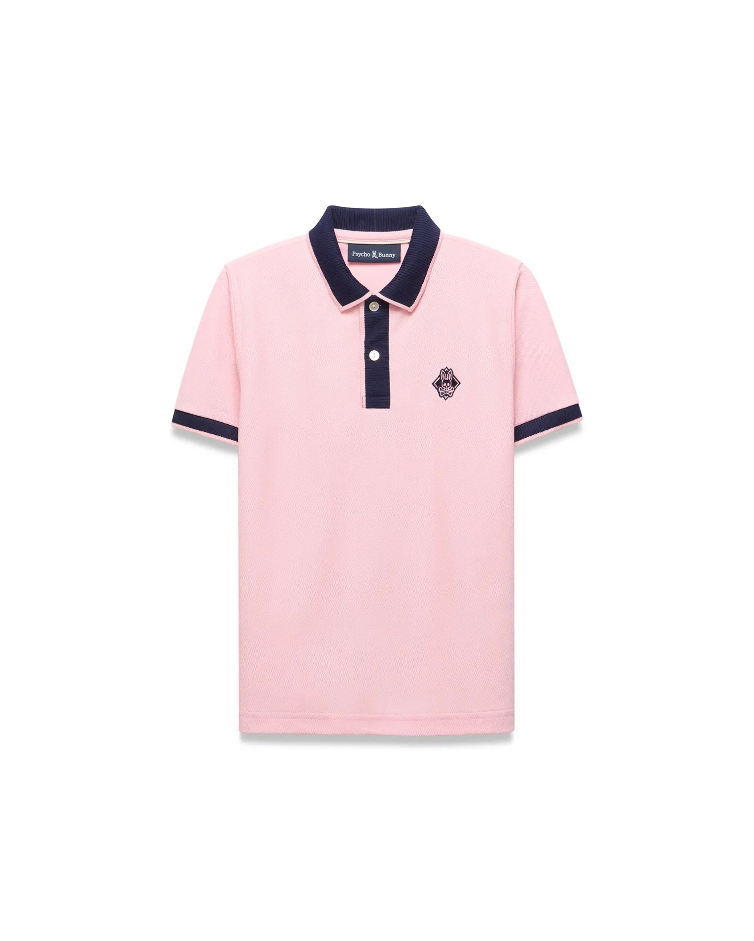 Kids Robin Pique Polo in pink pique knit, featuring a classic fit, navy blue ribbed collar, two-button placket, and sleeve cuffs, with an embroidered navy Psycho Bunny skull logo on the left chest.