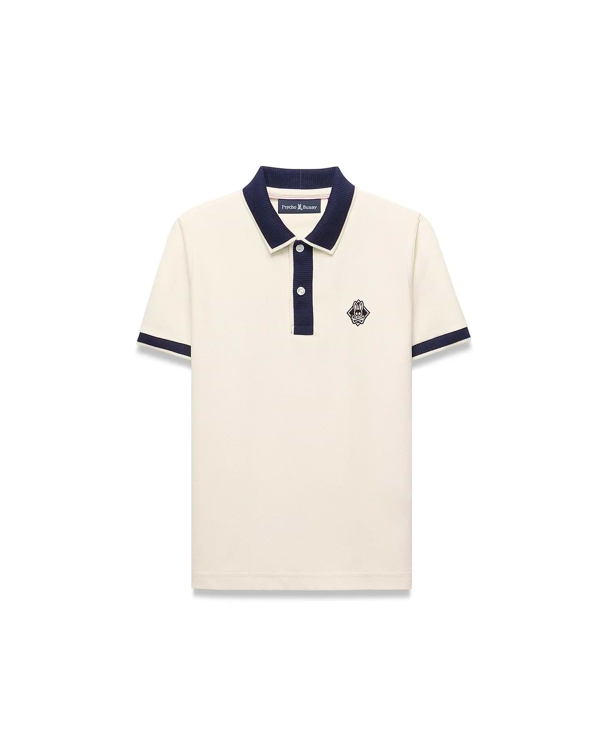 Kids Robin Pique Polo in cream pique fabric with a navy blue collar, placket, and sleeve cuffs, featuring a classic fit and an embroidered Psycho Bunny skull logo on the left chest.