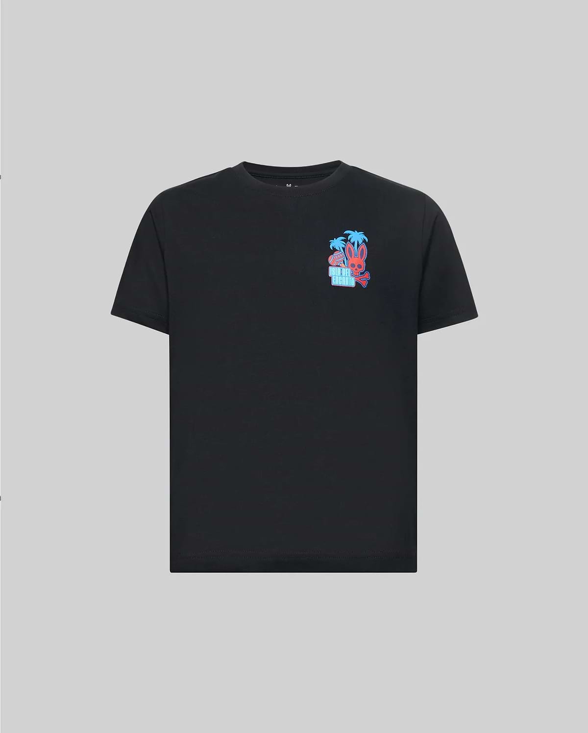 The Psycho Bunny KIDS PUERTO RICO TEE (KT0200133) is a black Pima cotton short-sleeve shirt with a colorful left chest graphic featuring a palm tree, blue suitcase, and playful bunny on a light gray background.