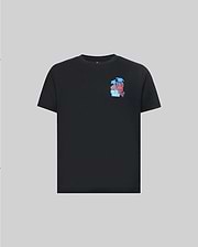 The Psycho Bunny KIDS PUERTO RICO TEE (KT0200133) is a black Pima cotton short-sleeve shirt with a colorful left chest graphic featuring a palm tree, blue suitcase, and playful bunny on a light gray background.