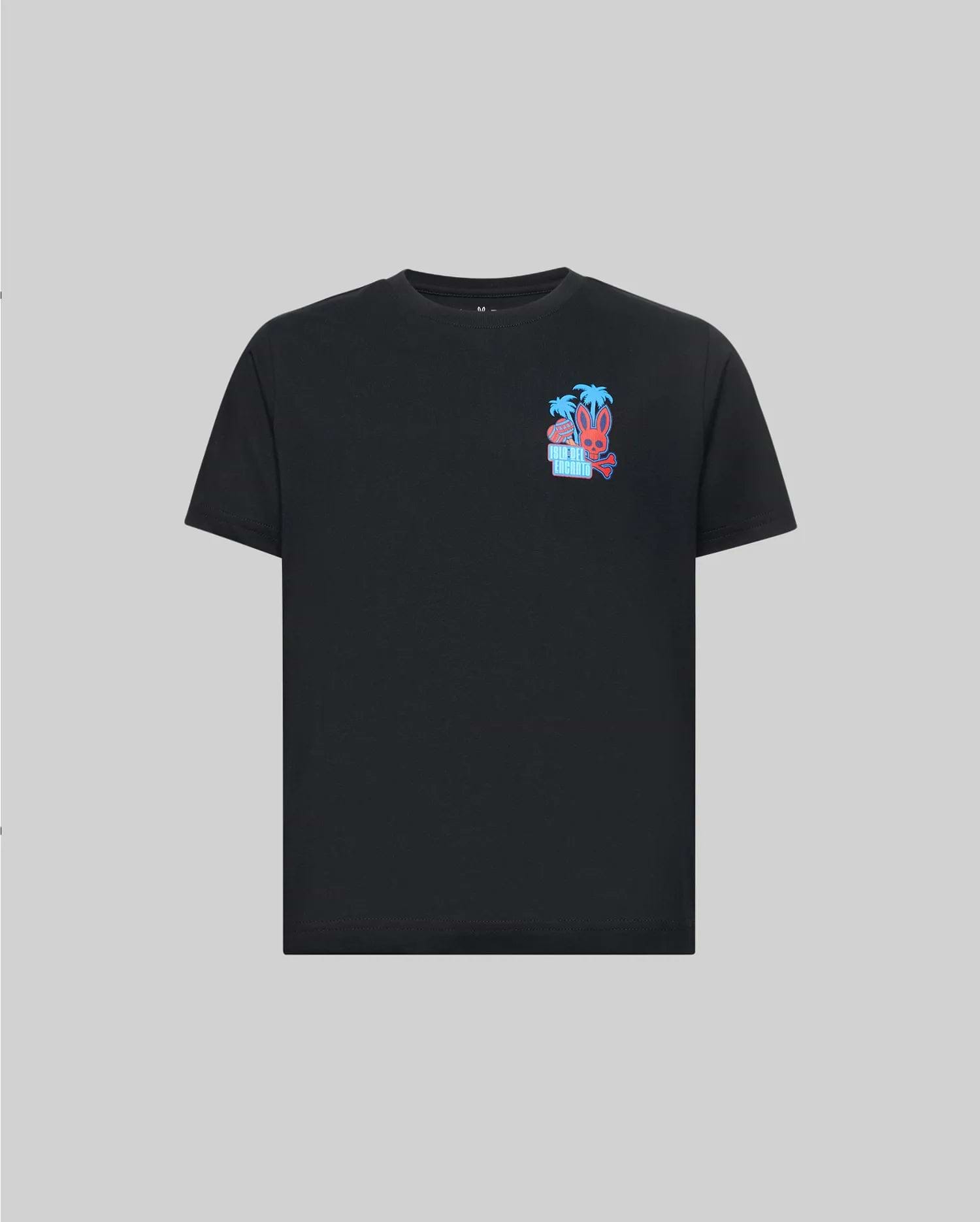 The Psycho Bunny KIDS PUERTO RICO TEE (KT0200133) is a black Pima cotton short-sleeve shirt with a colorful left chest graphic featuring a palm tree, blue suitcase, and playful bunny on a light gray background.