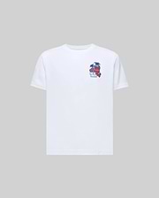The Psycho Bunny KIDS PUERTO RICO TEE (KT0200133) features a white Pima cotton short sleeve and a small, colorful red crab and blue palm tree graphic on the chest—ideal for adding Puerto Rico vibes to any outfit.